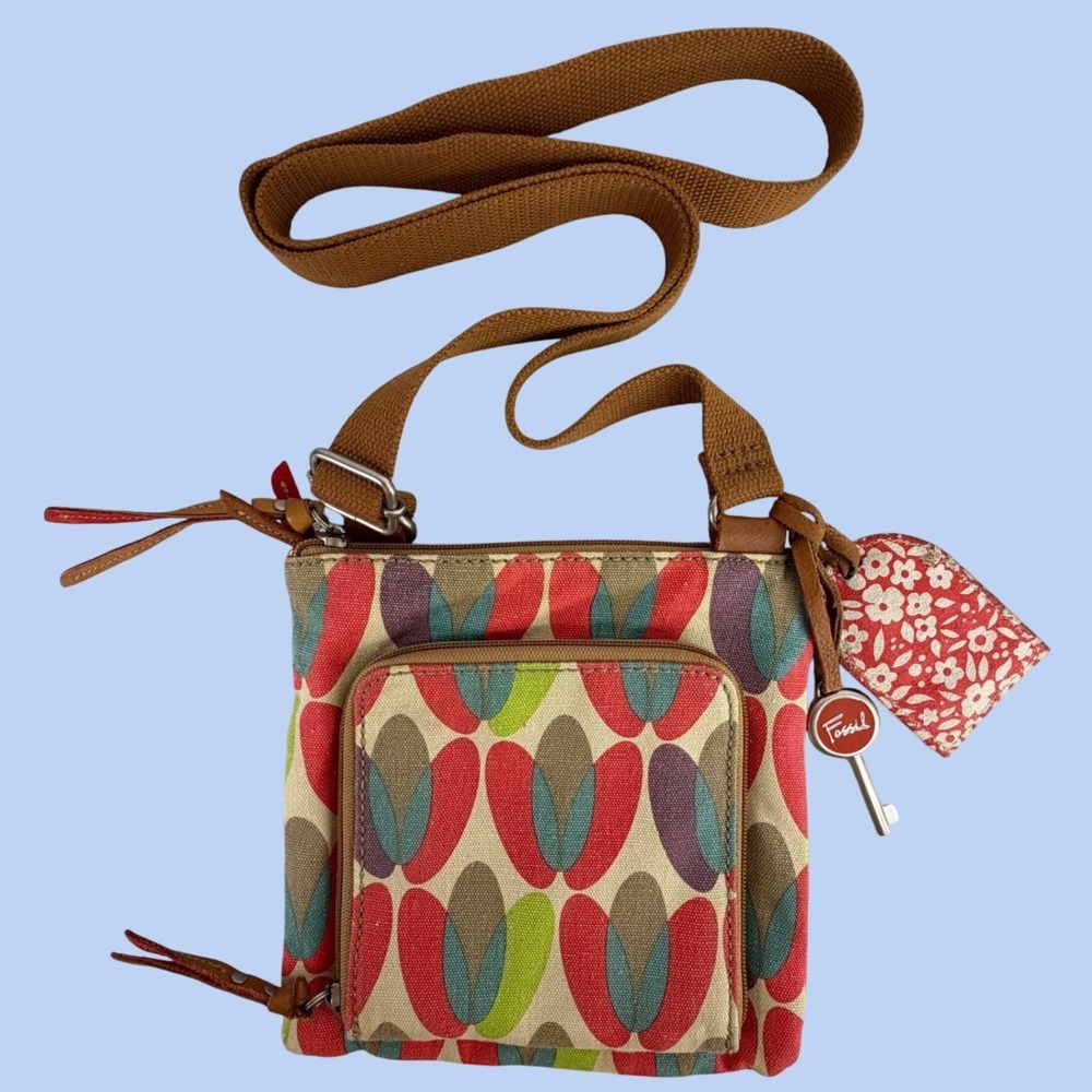 Fossil Crossbody Bag Tulip Floral Canvas Organizer Key Charm Wallet Purse